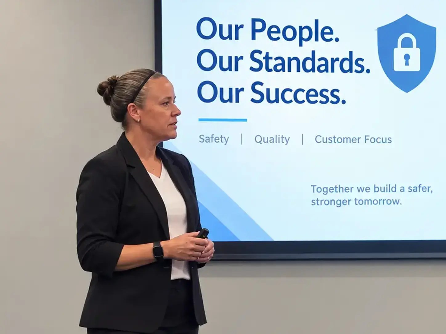 Female presenter leading a workplace standards presentation in front of a projected slide about safety, quality and customer focus.