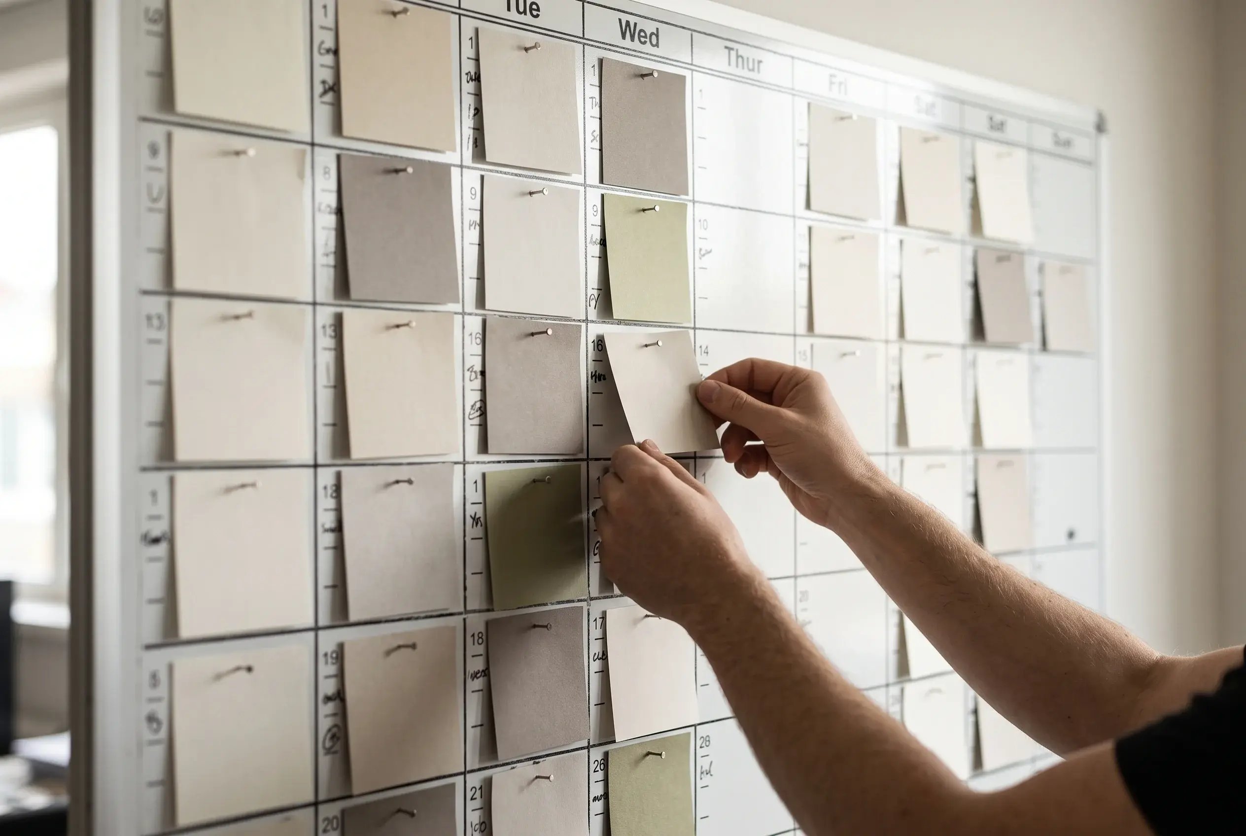 Hands updating a weekly planning board with neutral-coloured task cards in an office.