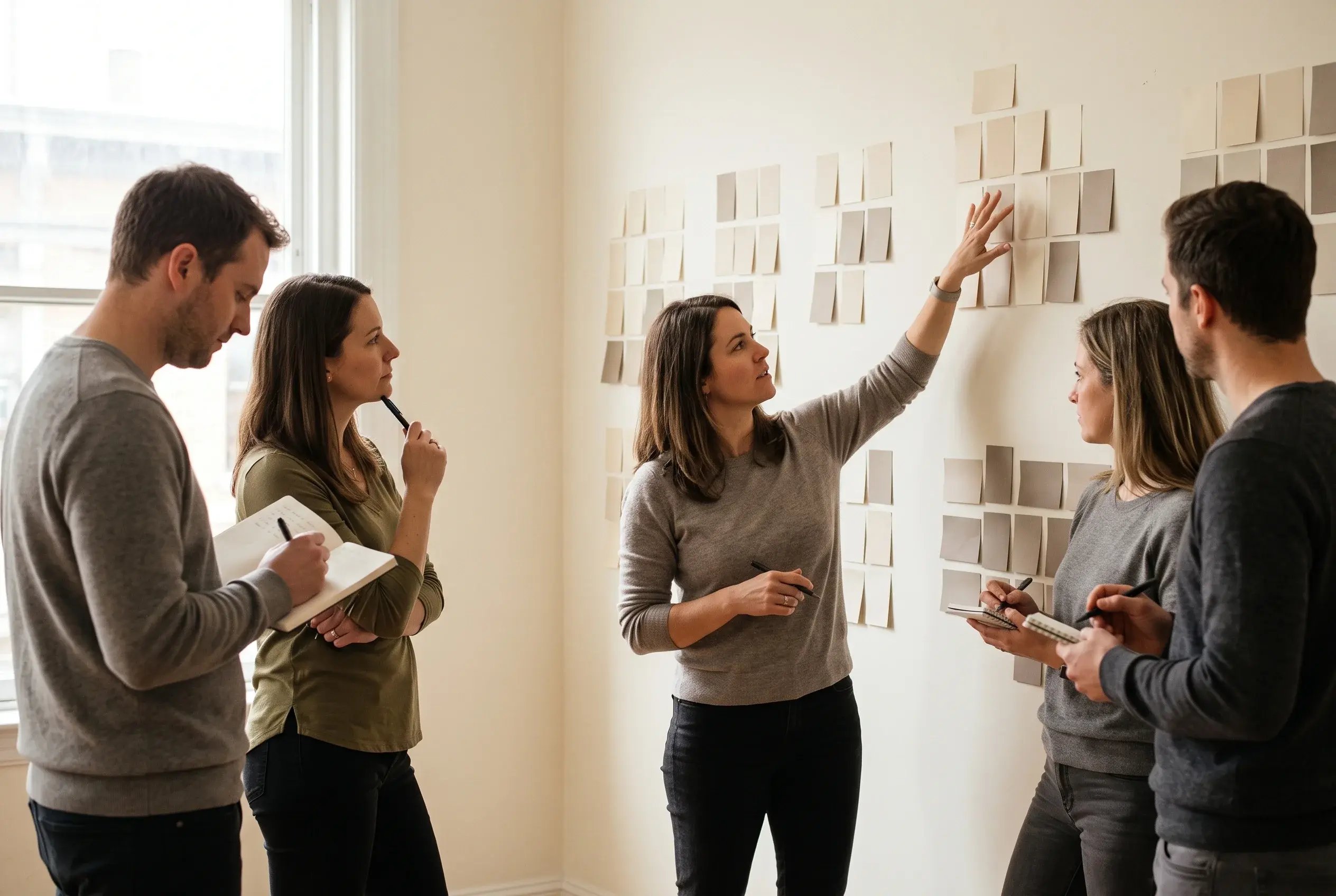 Five colleagues planning work together using neutral-coloured sticky notes on an office wall.