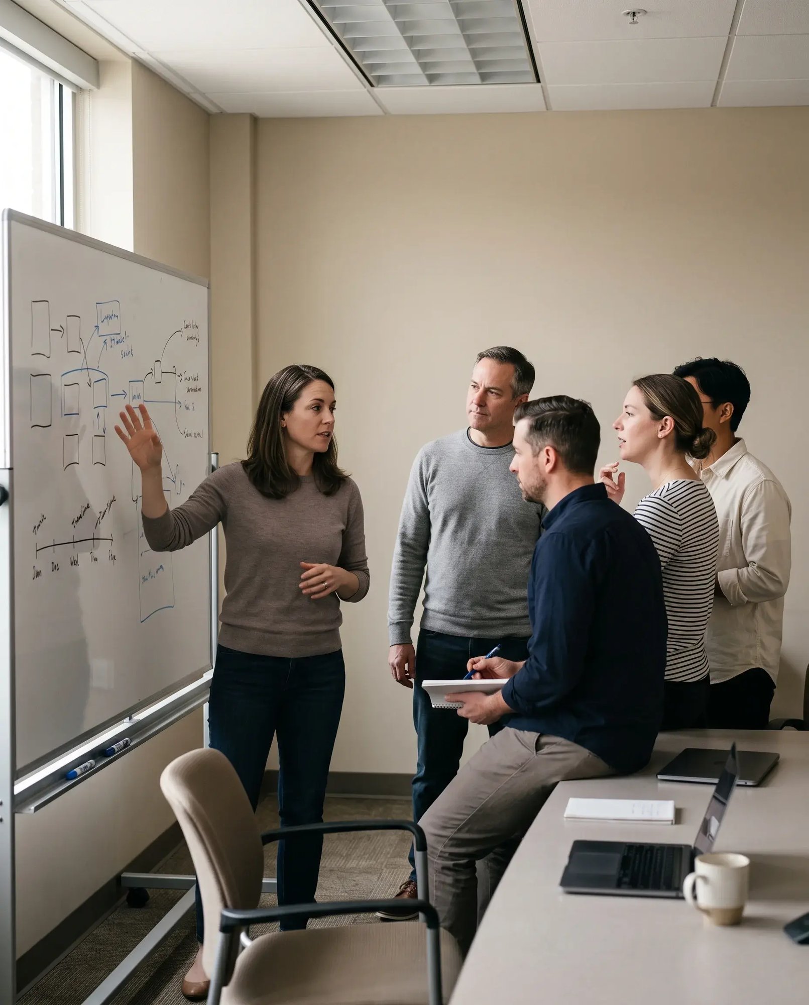 Five colleagues discussing a workflow together around a whiteboard in an office meeting room.