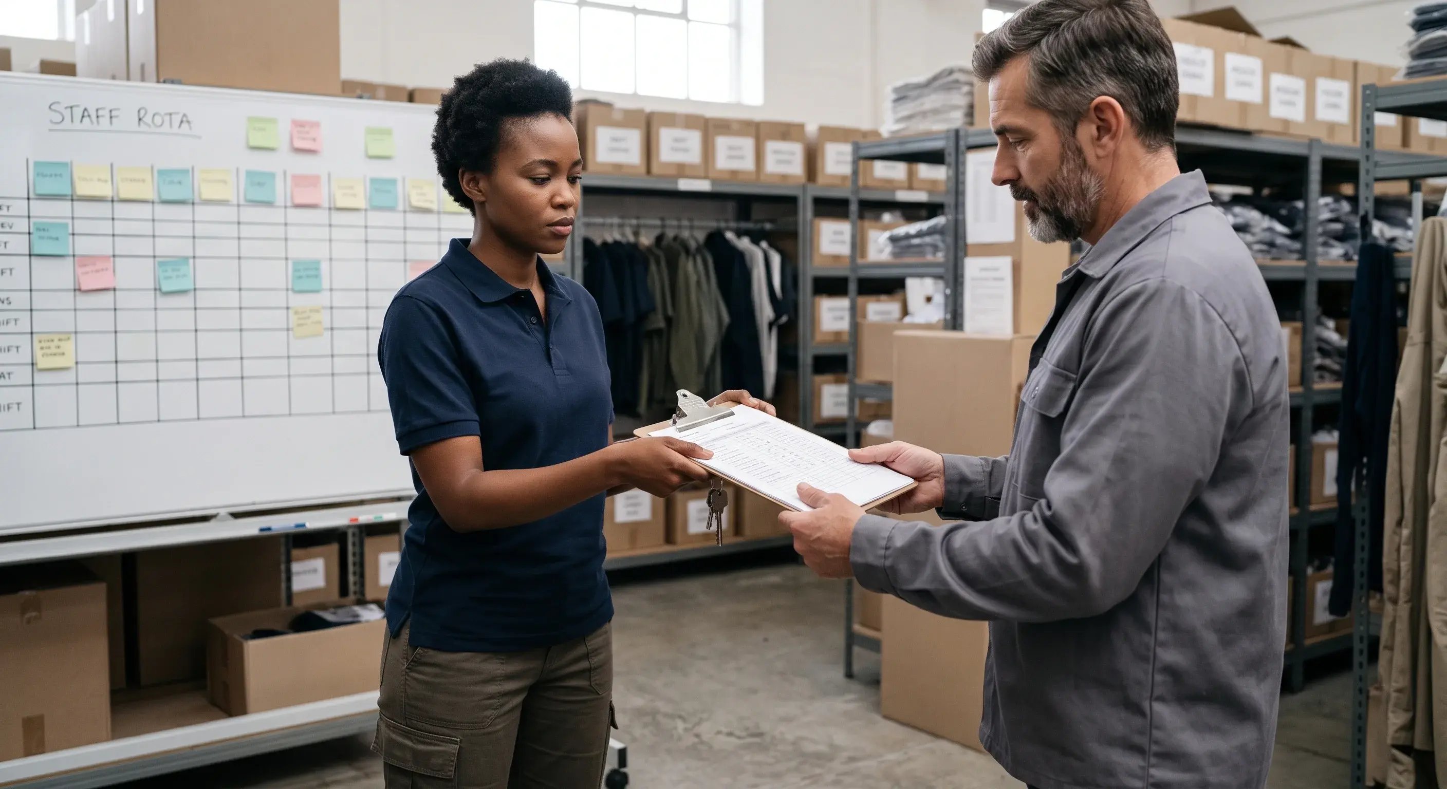 Two colleagues reviewing a staff rota on a clipboard in a stockroom with shelving and boxed inventory.